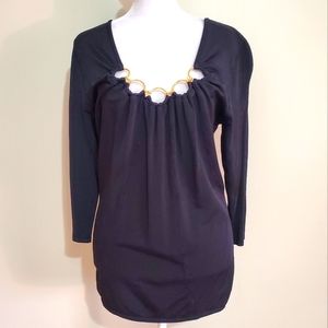 Soft Surroundings black 3/4 sleeve stretchy goldtone ring scoop neckline top. M